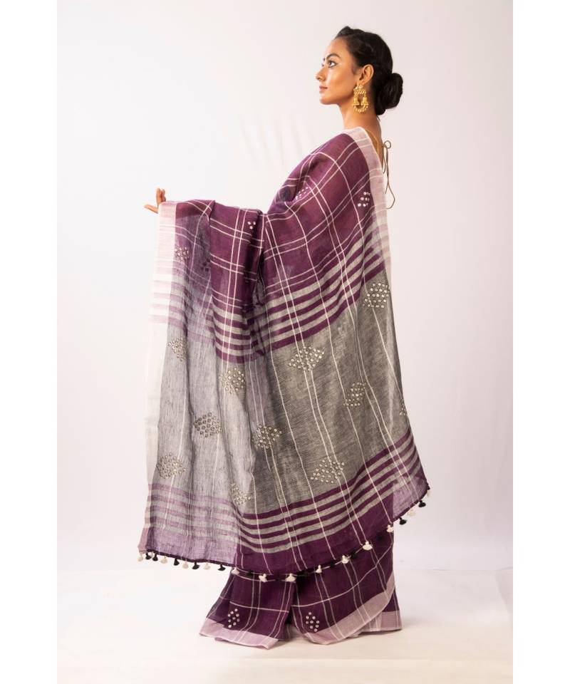 Purple Bengal Linen Handloom with sequence saree with blouse
