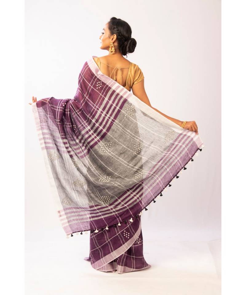 Purple Bengal Linen Handloom with sequence saree with blouse