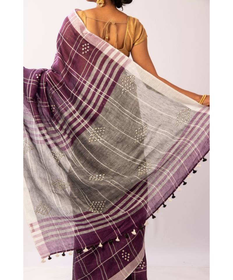 Purple Bengal Linen Handloom with sequence saree with blouse