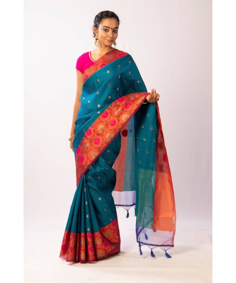 Blue Banarasi Cot Silk saree with blouse with zari saree with blouse