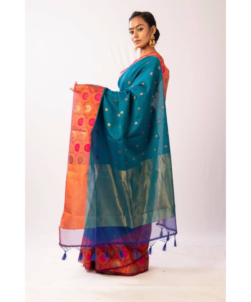 Blue Banarasi Cot Silk saree with blouse with zari saree with blouse