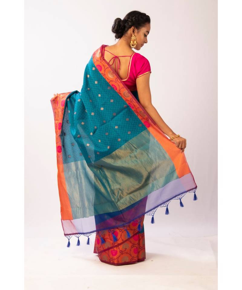 Blue Banarasi Cot Silk saree with blouse with zari saree with blouse