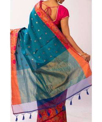 Blue Banarasi Cot Silk saree with blouse with zari saree with blouse 4