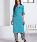 Turquoise Embroidered Cotton Ethnic Kurtis