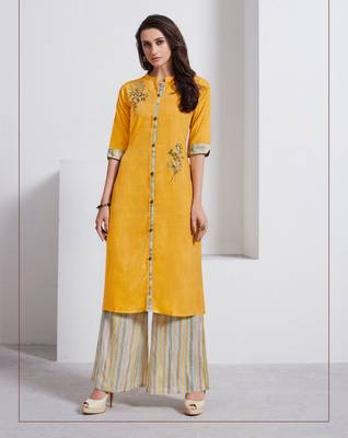 Mustard Embroidered Linen Ethnic Kurtis 1