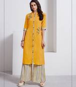 Mustard Embroidered Linen Ethnic Kurtis