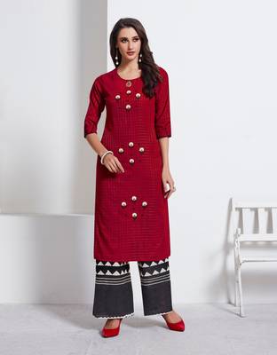 Maroon Embroidered Cotton Ethnic Kurtis 1