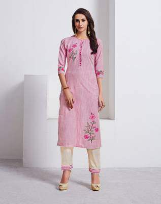 Light-Pink Embroidered Cotton Ethnic-Kurtis 1