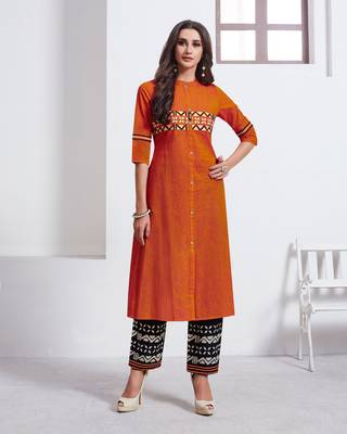 Orange Embroidered Cotton Ethnic-Kurtis 1