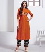 Orange Embroidered Cotton Ethnic-Kurtis