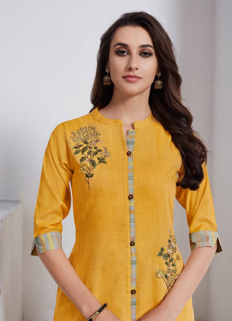 Mustard Embroidered Linen Ethnic Kurtis - Real Saree - 3069444