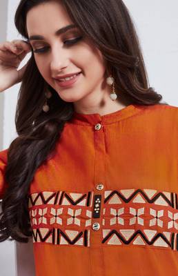 Orange Embroidered Cotton Ethnic-Kurtis 2