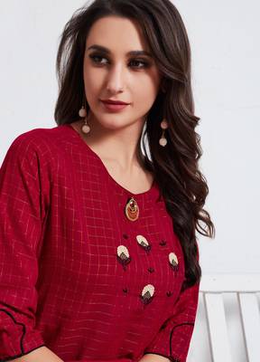 Maroon Embroidered Cotton Ethnic Kurtis 3