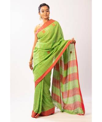 Green Bengal Cotton Jamdaani saree with blouse 1