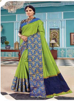 Parrot green woven art silk saree with blouse 1