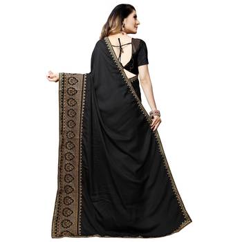 Black embroidered silk blend saree with blouse 4