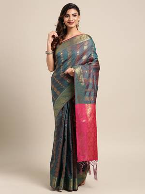 Blue woven kanchipuram silk saree with blouse 1