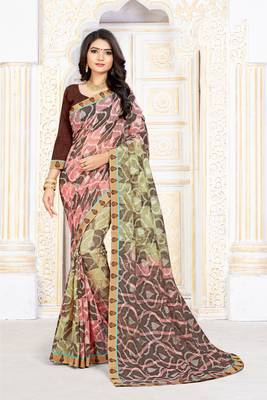Brown printed art silk saree with blouse 1