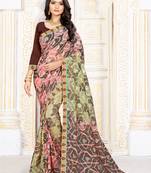 Brown printed art silk saree with blouse