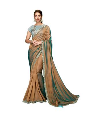 Brown embroidered silk blend saree with blouse 1