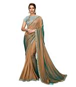 Brown embroidered silk blend saree with blouse