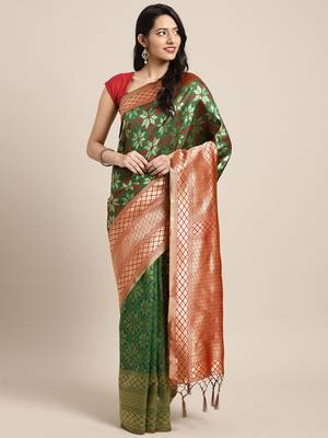 Dark green woven art silk saree with blouse 1
