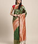 Dark green woven art silk saree with blouse