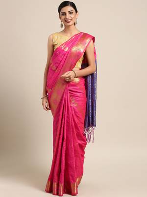 Dark pink woven kanchipuram silk saree with blouse 1