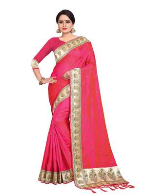 Dark pink embroidered art silk saree with blouse 1
