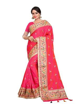 Dark pink embroidered art silk saree with blouse 1