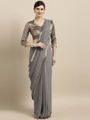 Grey embroidered georgette saree with blouse 1