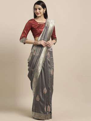 Grey embroidered silk blend saree with blouse 1