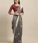Grey embroidered silk blend saree with blouse