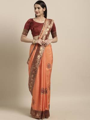 Light orange embroidered silk blend saree with blouse 1