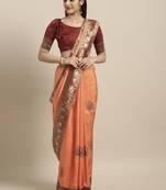 Light orange embroidered silk blend saree with blouse