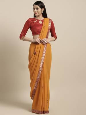 Mustard embroidered chiffon saree with blouse 1