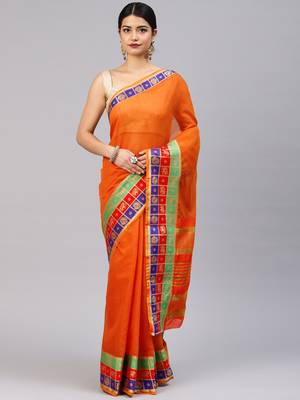 Orange woven art silk saree with blouse 1