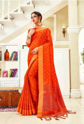 Orange woven art silk saree with blouse 1