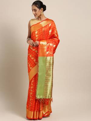 Orange woven kanchipuram silk saree with blouse 1