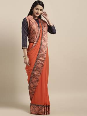 Orange printed chiffon saree with blouse 1