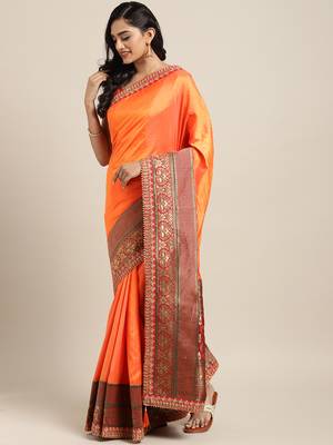 Orange embroidered art silk saree with blouse 1