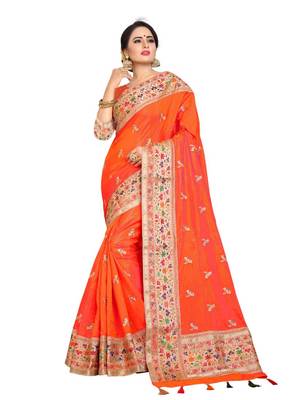 Orange embroidered art silk saree with blouse 1