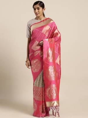 Pink woven art silk saree with blouse 1