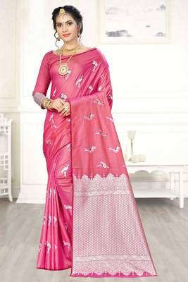 Pink woven art silk saree with blouse 1