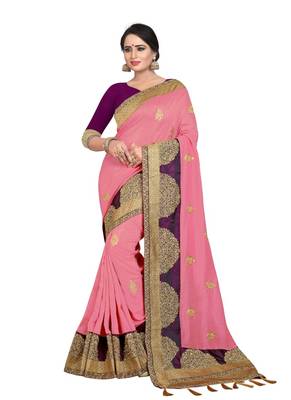 Pink embroidered art silk saree with blouse 1