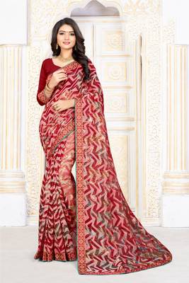 Red printed art silk saree with blouse 1