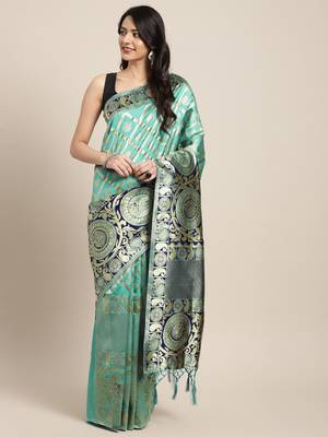 Sea green woven art silk saree with blouse 1