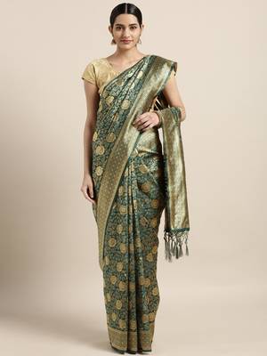 Teal woven art silk saree with blouse 1