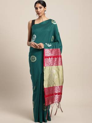 Teal woven art silk saree with blouse 1