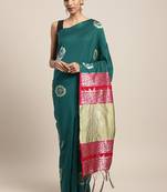 Teal woven art silk saree with blouse